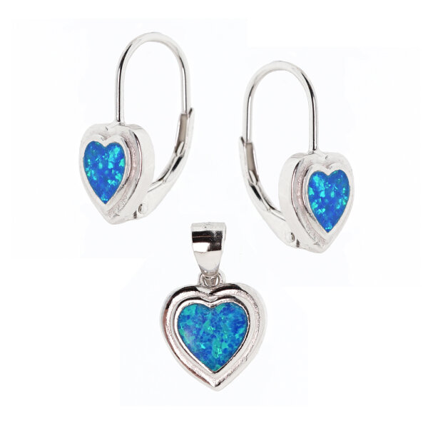Schmuckset aus 925 Silber: herzförmige Ohrringe und Anhänger mit blauem Opal